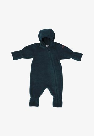 Combinaison pour bébé à capuche bleu foncé, à manches longues, avec poignets repliés et fermeture éclair diagonale sur le devant.