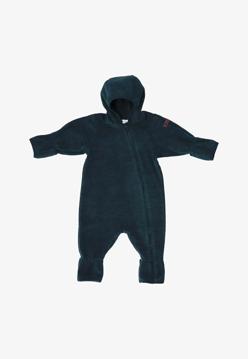 Combinaison pour bébé à capuche bleu foncé, à manches longues, avec poignets repliés et fermeture éclair diagonale sur le devant.