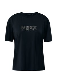 Schwarzes T-Shirt mit kurzen Ärmeln, auf dem in funkelnden Strasssteinen der Text "MOXX" in einem tropfenden Muster auf der Brust angeordnet ist.