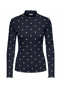 Granatowy top z długim rękawem i wysokim falbankowym kołnierzem. Posiada białe groszki, żebrowaną fakturę oraz faliste krawędzie na rękawach.