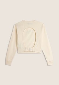 Sweatshirt court en tissu doux, avec une grande découpe dans le dos et un ourlet froncé. Manches longues avec poignets resserrés.