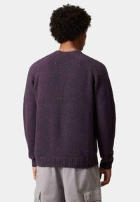 Maglione lavorato a maglia di colore viola scuro con finitura testurizzata, caratterizzato da puntini multicolori, orlo a coste e design a scollo rotondo.