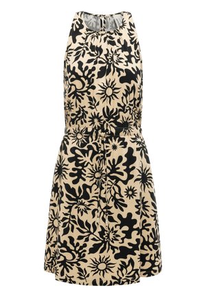 Beżowa sukienka bez rękawów z czarnymi abstrakcyjnymi wzorami słońca i liści, marszczonym dekoltem i regulowanym paskiem w talii.