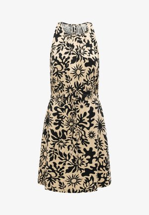 Mouwloze beige jurk met zwarte abstracte zon- en bladerenpatronen, geplooide halslijn en verstelbare tailleband.