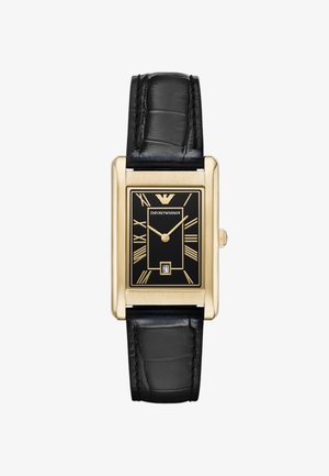 Rechteckige Uhr mit goldfarbener Gehäuse, schwarzem Zifferblatt, goldenen römischen Ziffern und Datumsfenster; verfügt über ein schwarzes Lederarmband mit strukturiertem Finish.