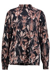 Blouse à manches longues en tissu noir avec un motif floral dans des teintes de rose et de crème, dotée d'un col smocké et de poignets froncés.