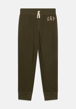 Dunkelgrüne Jogginghose mit elastischem Bund, beigen Kordelzug, Bündchen an den Knöcheln, Seitentaschen und "GAP"-Logo am oberen linken Oberschenkel.