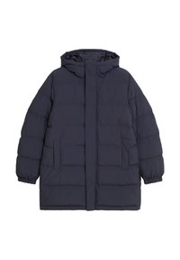 Marineblaue Winterjacke mit Kapuze, ausgestattet mit einem gesteppte Design, elastischen Bündchen, zwei Fronttaschen und einer Frontleiste ohne sichtbare Verschlüsse.