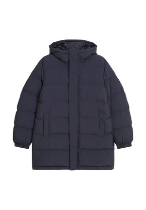 Granatowa kurtka puchowa z kapturem, z pikowaną powierzchnią, elastycznymi mankietami, dwiema przednimi kieszeniami oraz zasuwaną listwą z przodu bez widocznych zapięć.