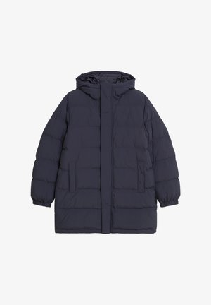 Marineblaue Winterjacke mit Kapuze, ausgestattet mit einem gesteppte Design, elastischen Bündchen, zwei Fronttaschen und einer Frontleiste ohne sichtbare Verschlüsse.