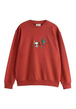Rust-colored sweatshirt with Snoopy wearing a cowboy hat, riding a hobby horse beside a green cactus embroidered on the chest.