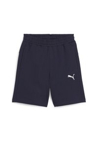 Navyblaue Shorts aus weichem Stoff, mit elastischem Bund, zwei seitlichen Taschen und einem weißen Puma-Logo auf der linken Hüfte.