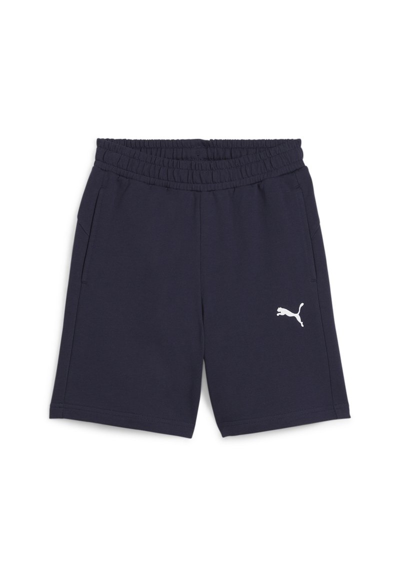 Navyblaue Shorts aus weichem Stoff, mit elastischem Bund, zwei seitlichen Taschen und einem weißen Puma-Logo auf der linken Hüfte.