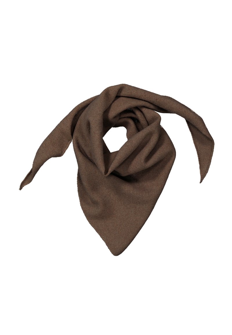 Brauner Schal in dreieckiger Form aus weichem Material. Verfügt über eine glatte Oberfläche mit spitzen Enden und einem verdrehten Design für vielseitige Stylingmöglichkeiten.