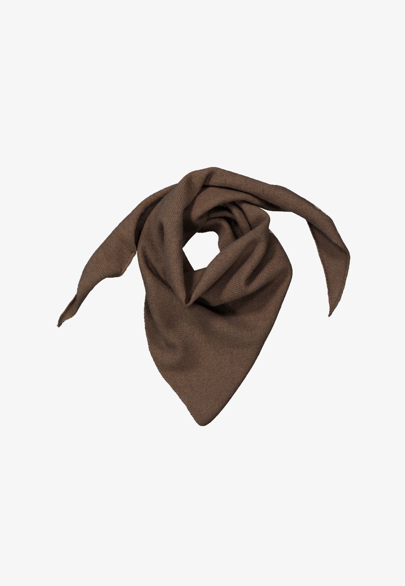 Ruskea kolmionmuotoinen huivi, joka on valmistettu pehmeästä kankaasta. Sen pinta on sileä, ja sen päädyt ovat terävät, mikä tekee siitä monipuolisen tyylin. Huivissa on myös kierretty muotoilu.