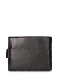 Zwarte leren portemonnee met een gestructureerd oppervlak, rechthoekige vorm, minimalistisch ontwerp en een zijlipje voor gemakkelijk openen.