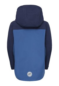 Blauw- en marinekleurige capuchonjas met lange mouwen, zichtbare naden en een ronde logo met een olifant op de onderrug.