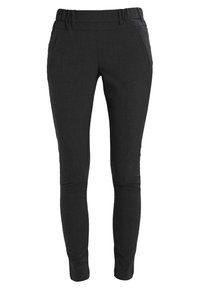 Zwarte elastische broek met een aansluitend ontwerp, voorzien van twee zijzakken en een soepele stofstructuur.