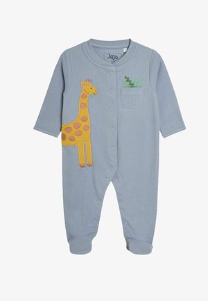 Svetlo modra rebrasta bombažna bodi s rumenim žirafom s rožnatimi pikami, majhno zeleno žepno lističem in s pritrdilnimi gumbi po sprednji strani.