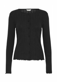 Černý kardigan s dlouhým rukávem, vroubkovanou strukturou, kulatým výstřihem, zapínáním na knoflíky a detaily vlnitého lemu.