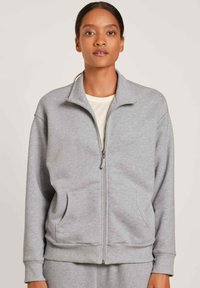 Lichtgrijze zip-up sweatshirt gemaakt van zacht materiaal, met een hoge kraag, twee zijzakken en ribbelboorden en -zoom.