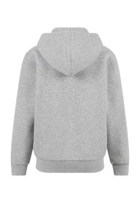 Světlá šedá mikina s dlouhými rukávy, přiléhavými manžetami, pohled zezadu ukazující kapuci a žebrovaný lem.