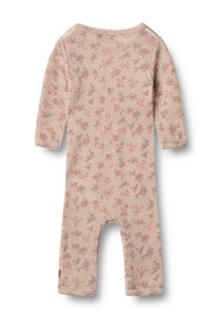 Romper de bebé de manga larga en tela beige con un patrón floral en rosa y púrpura. Cuenta con un escote redondeado y cierre a presión en la espalda.