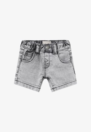 Grå denimshorts med elastisk talje og knappedetalje, med frontlommer og syede mønstre for et afslappet look.