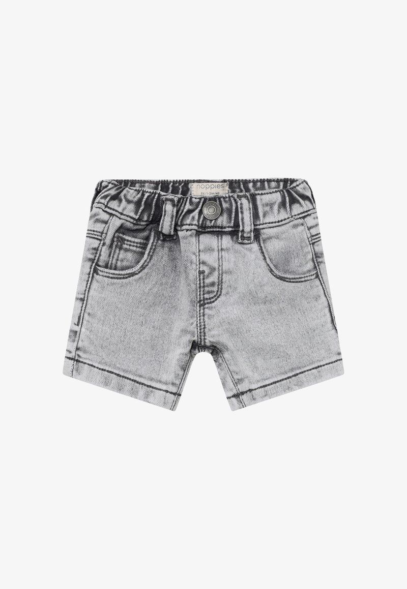 Shorts en denim gris avec une ceinture élastique et un détail de bouton, dotés de poches avant et de motifs cousus pour un look décontracté.