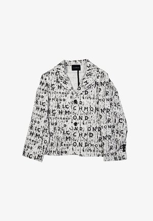 Giacca bianca con motivo testuale nero che ripete "RICHMOND." Presenta un colletto a rever, maniche lunghe e due tasche anteriori.