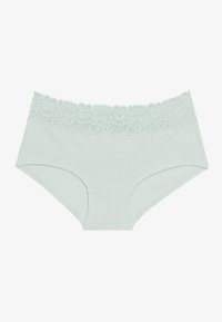 Lichtgroene katoenen boyshorts met een decoratieve kanten tailleband met een bloemenpatroon. Biedt een gladde textuur en comfortabele pasvorm.
