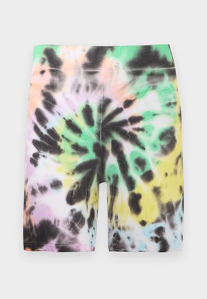 Tie-dye shorts med et blandet mønster af pastelfarver: grøn, pink, sort og gul. Fremstillet af blødt, strækbart stof.