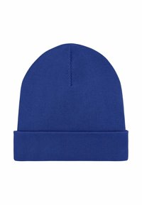 Cappello berretto lavorato a maglia azzurro con risvolto, caratterizzato da una trama liscia e una sommità arrotondata e aderente. Adatto per un uso casual o all'aperto.