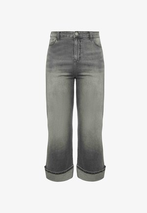 Graue, verkürzte Jeans aus Denim mit einem verwaschenen Finish, hoher Taille und umgeschlagenen Säumen. Verfügt über fünf Taschen und einen Knopfverschluss vorne.
