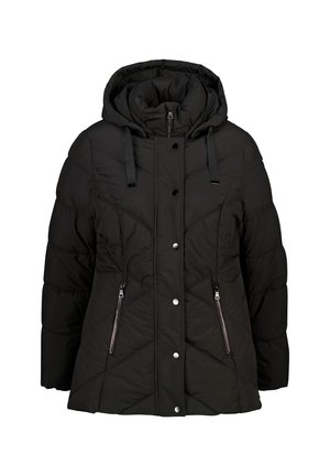 Veste noire rembourrée avec capuche, dotée d'une fermeture éclair sur le devant, de coutures diagonales et de deux poches latérales à fermeture éclair. Tissu texturé, finition lisse.