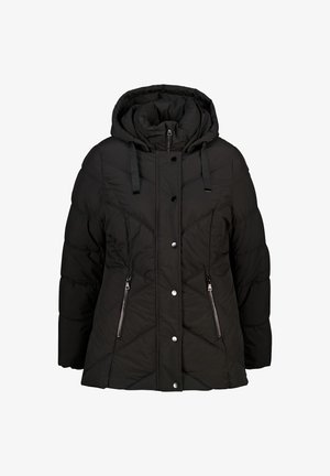 Veste noire rembourrée avec capuche, dotée d'une fermeture éclair sur le devant, de coutures diagonales et de deux poches latérales à fermeture éclair. Tissu texturé, finition lisse.