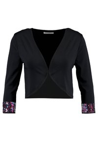 Černá krátká bunda se tříčtvrtečními rukávy, zdobená růžovými a fialovými flitry na manžetách. Měkká látka, otevřený přední design.