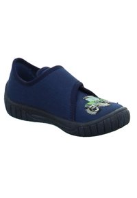 Pantofii slip-on navy din material textil, cu o talpă de cauciuc texturată de culoare neagră; caracterizează un design de desene animate pe partea din față, în nuanțe de verde și gri.