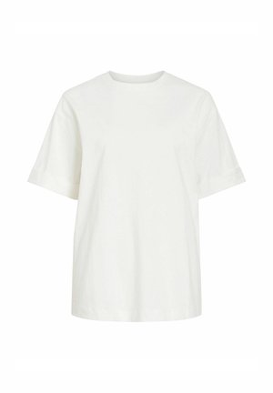 T-shirt blanc en coton à manches courtes avec un col rond et une coupe ample, présenté sur un fond blanc uni.
