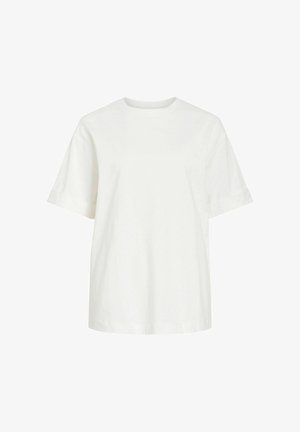 Tricou alb din bumbac, cu mâneci scurte, gât rotund și croială largă, afișat pe un fundal alb simplu.