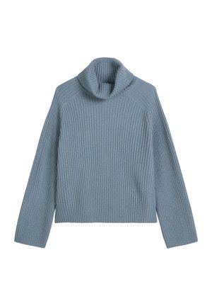 Hellblauer, gerippter Pullover mit hohem, umgeschlagenem Rollkragen, langen Ärmeln und einer lockeren Passform. Hergestellt aus weichem, strukturiertem Stoff.
