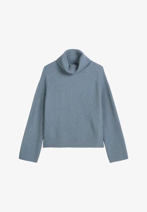 Lichtblauwe geribde trui met een hoge, opgerolde turtleneck, lange mouwen en een relaxte pasvorm. Gemaakt van zachte, gestructureerde stof.