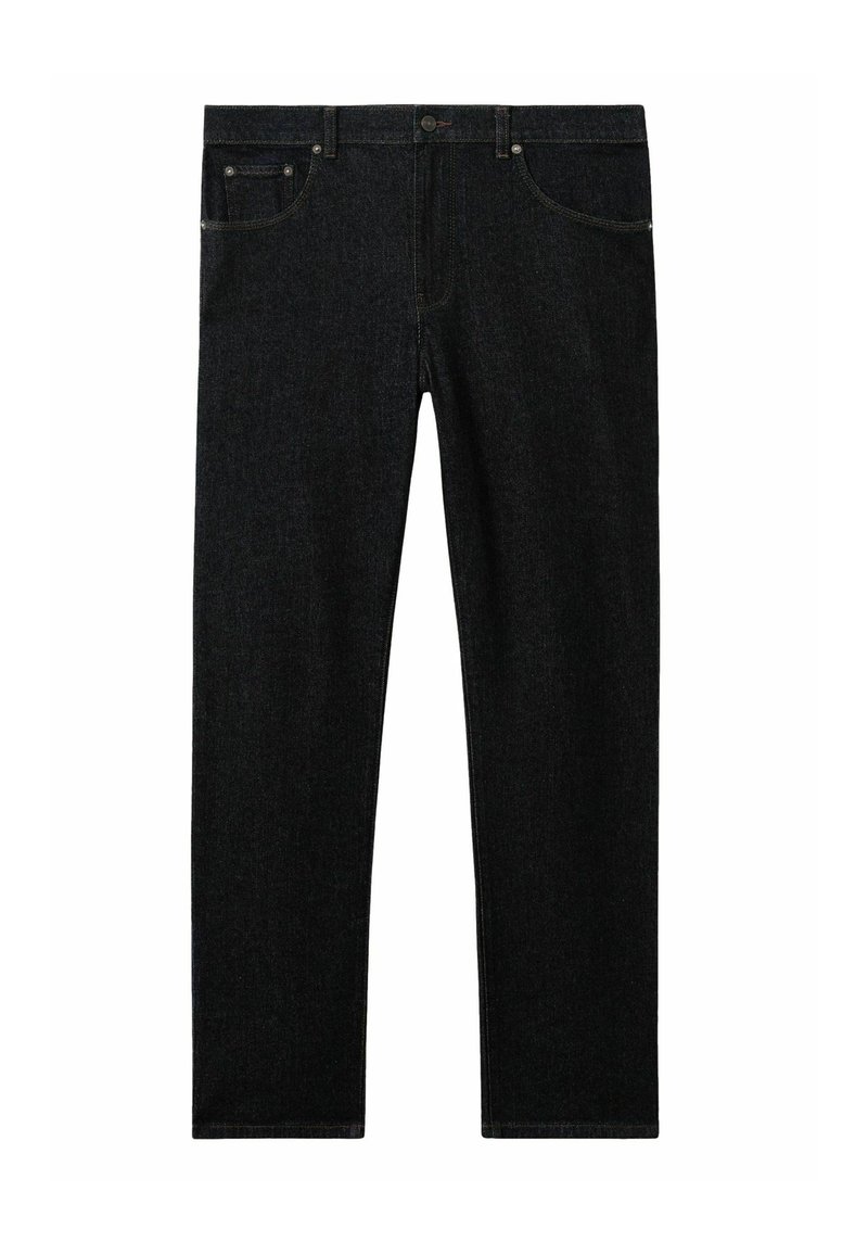 Jeans de denim negros con un diseño de pierna recta, que cuentan con pasadores para cinturón, bolsillos frontales y un cierre clásico de botón y cremallera.