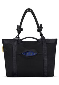 Black tote bag with textured fabric, featuring a blue interior with geometric pattern, dual handles, and nylon straps with imprinted text.