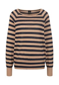 Beige und marineblau gestreifter Pullover mit weit ausgeschnittenem Hals, langen Ärmeln und gerippten Bündchen. Hergestellt aus weichem, strukturiertem Material.