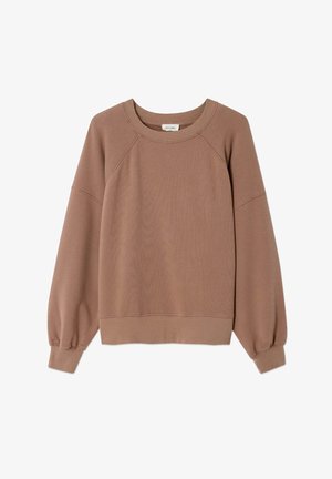 Rjava jopa iz mehke tkanine. Ima okrogel izrez, raglan rokave ter rebraste manšete in spodnji rob.