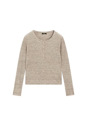Beige dlouhý rukáv henley top s ribovanou strukturou, kulatým výstřihem a předním zapínáním na tři knoflíky. Pohodlný, přiléhavý design.