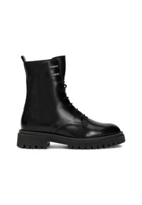Black leather combat boot featuring a lace-up front, silver hardware accents, and a chunky rubber sole with a treaded pattern.