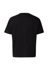 Czarny t-shirt bawełniany o luźnym kroju, z krótkimi rękawami i okrągłym dekoltem. Widok z tyłu ukazuje gładką fakturę i minimalistyczny design.