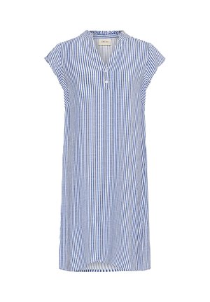 Kortetermijnjurk met blauw-witte verticale strepen, gedeeltelijke knoopsluiting aan de voorkant en V-halskraag, tot op de knie, gemaakt van lichtgewicht stof.